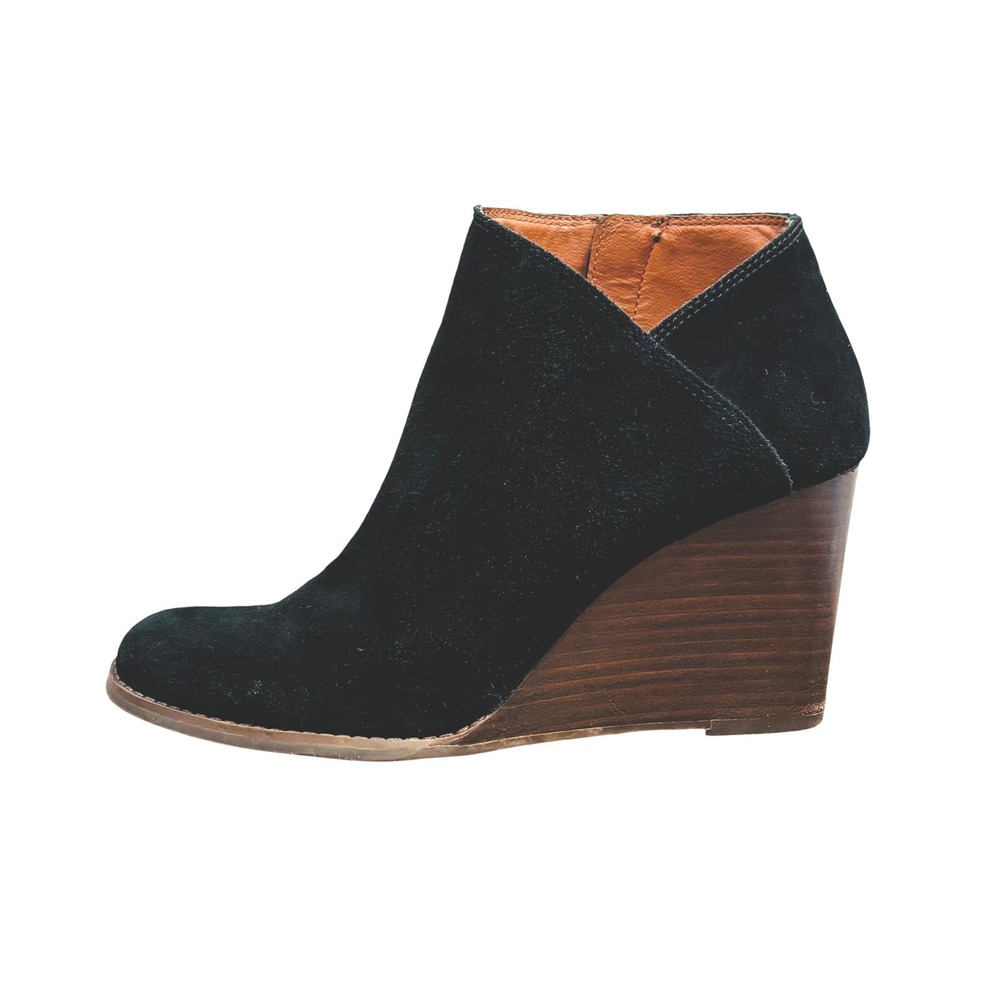 Lucky Brand Yakeena Black Suede Wedge Ankle Booties Wood Heel Size 10M